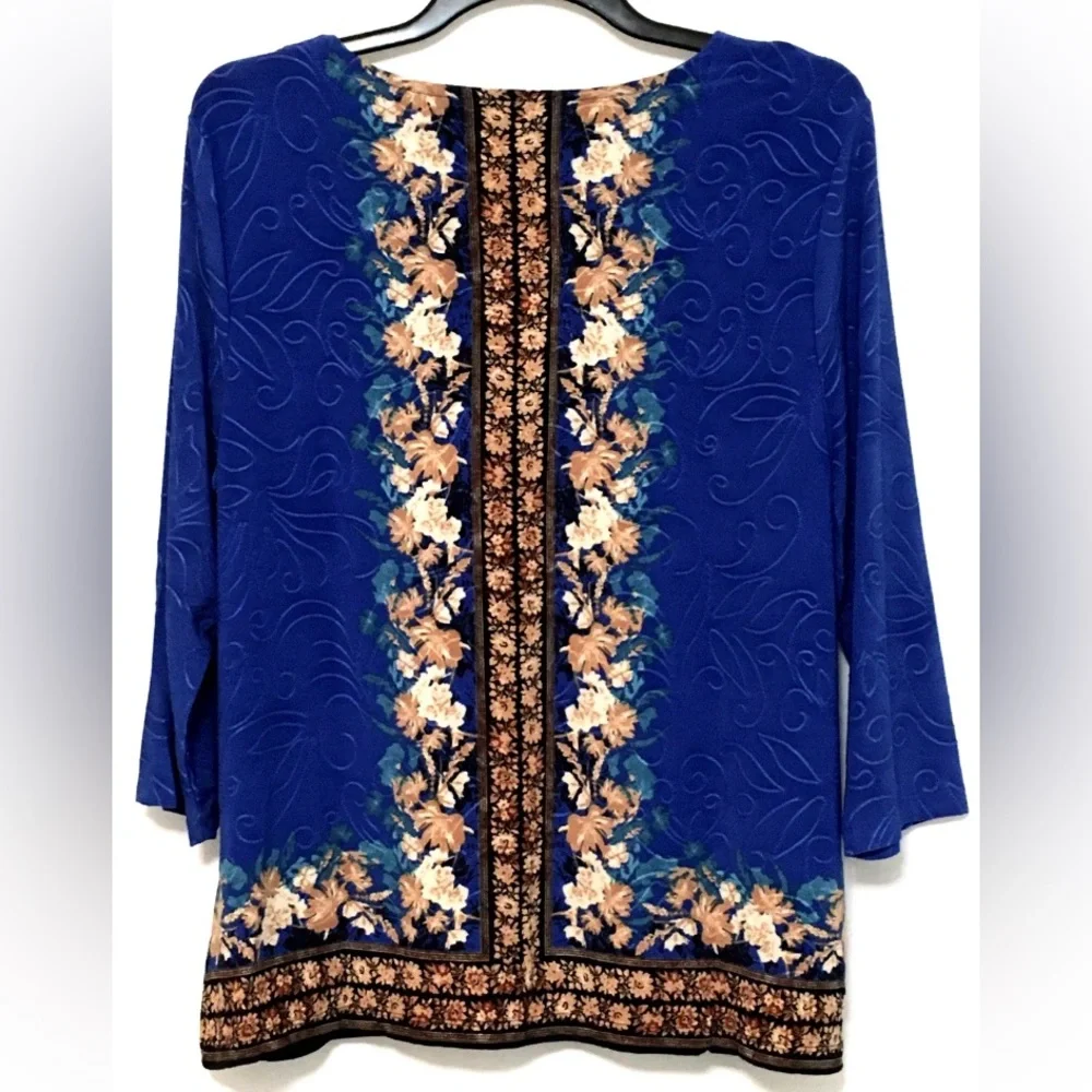JM Collection Jacqaurd Petite PXL Lazulite Blue Combo 3/4 Sleeve Scoop Neck Top - Picture 2 of 7